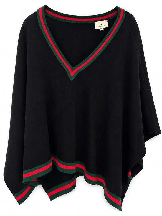 Tuckernuck Sweaters - Tuckernuck OS Black V Neck Poncho Sweater Cape Red Green Trim Preppy Acrylic